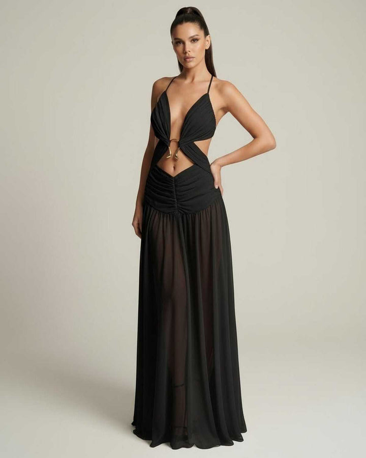 Duttini | Lightweight Black Fit and Flare Maxi Dress for Women