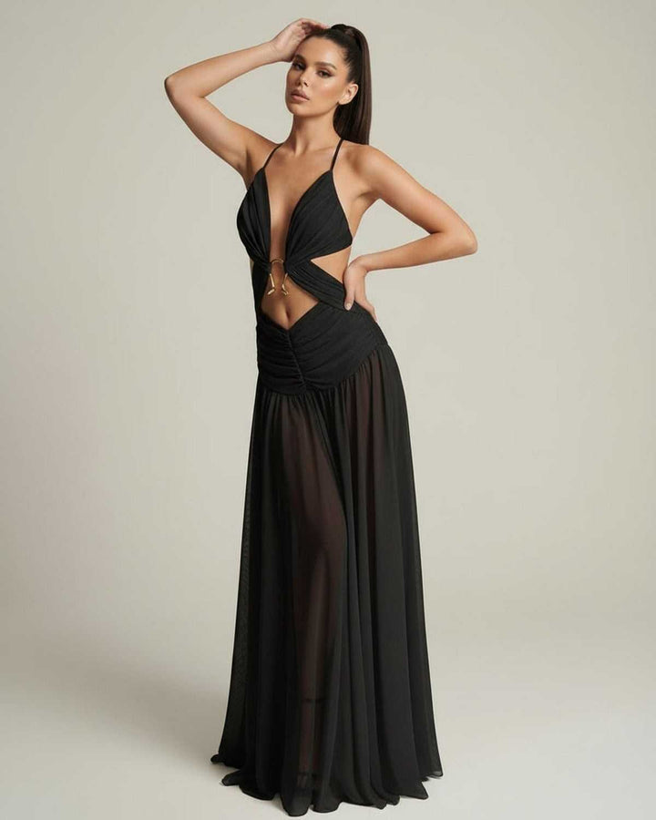 Duttini | Lightweight Black Fit and Flare Maxi Dress for Women