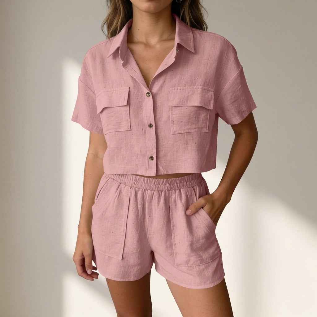 Duttini | Effortless Relaxed Collared Two-Piece Shorts Set In Lightweight Textured Woven Fabric