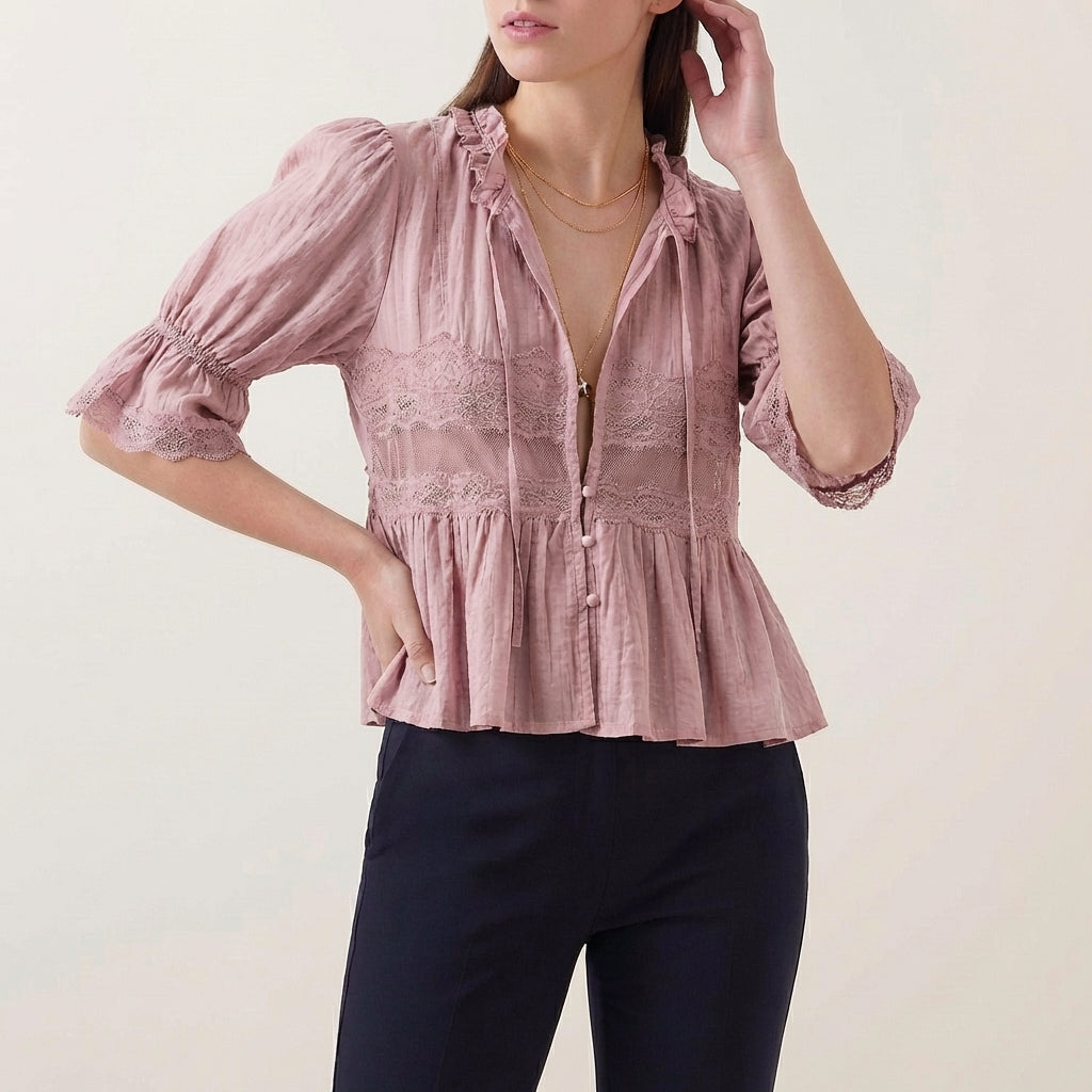 Duttini | Flowing Bohemian Babydoll Blouse With Lace Insets And Ruffle Trim