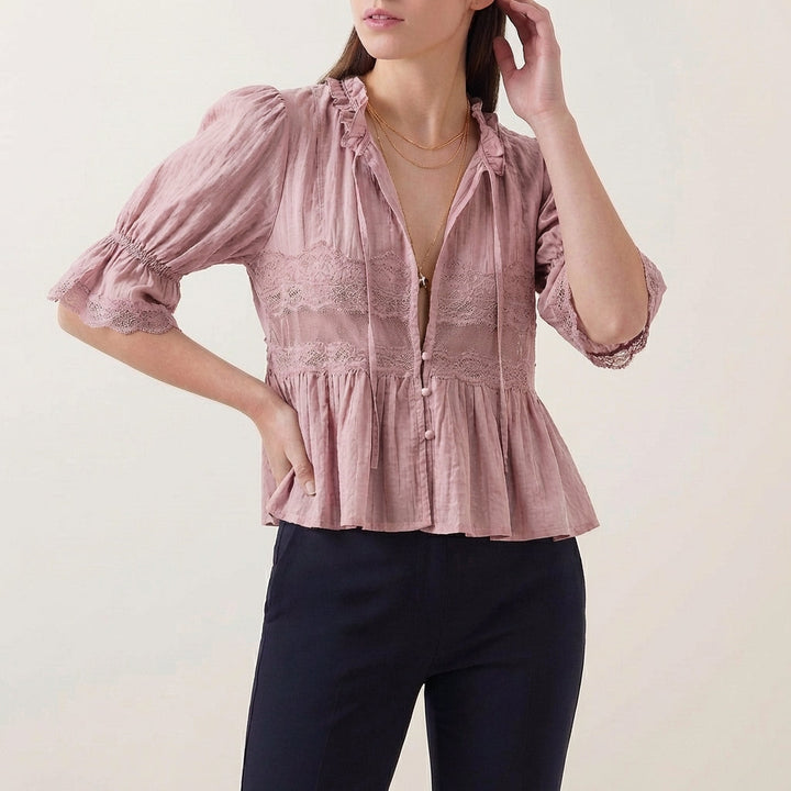 Duttini | Flowing Bohemian Babydoll Blouse With Lace Insets And Ruffle Trim