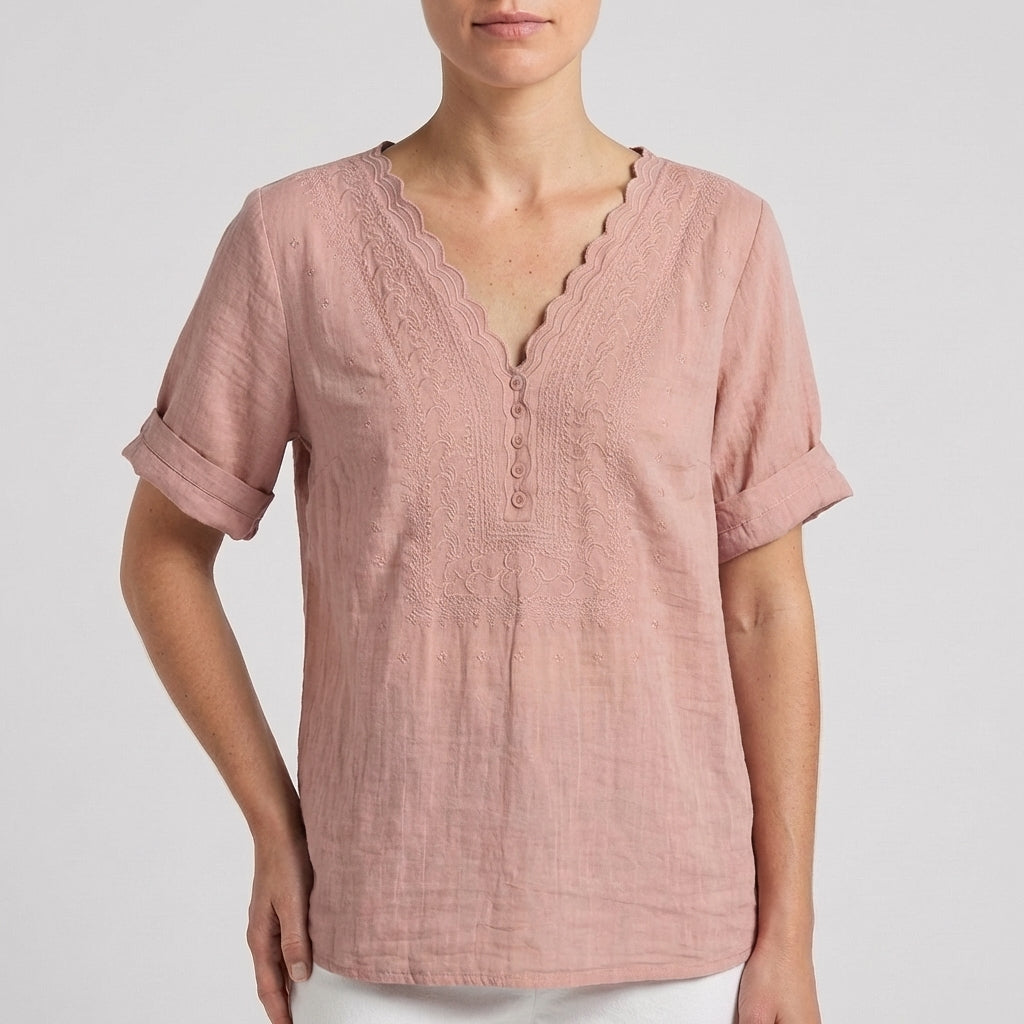 Duttini | Timeless Chloe Relaxed V-Neck Blouse With Embroidered Yoke And Scalloped Detail