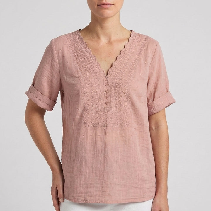 Duttini | Timeless Chloe Relaxed V-Neck Blouse With Embroidered Yoke And Scalloped Detail