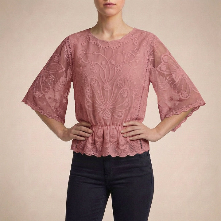 Duttini | Elegant Boho-Chic Embroidered Sheer Mesh Blouse With Flared Sleeves