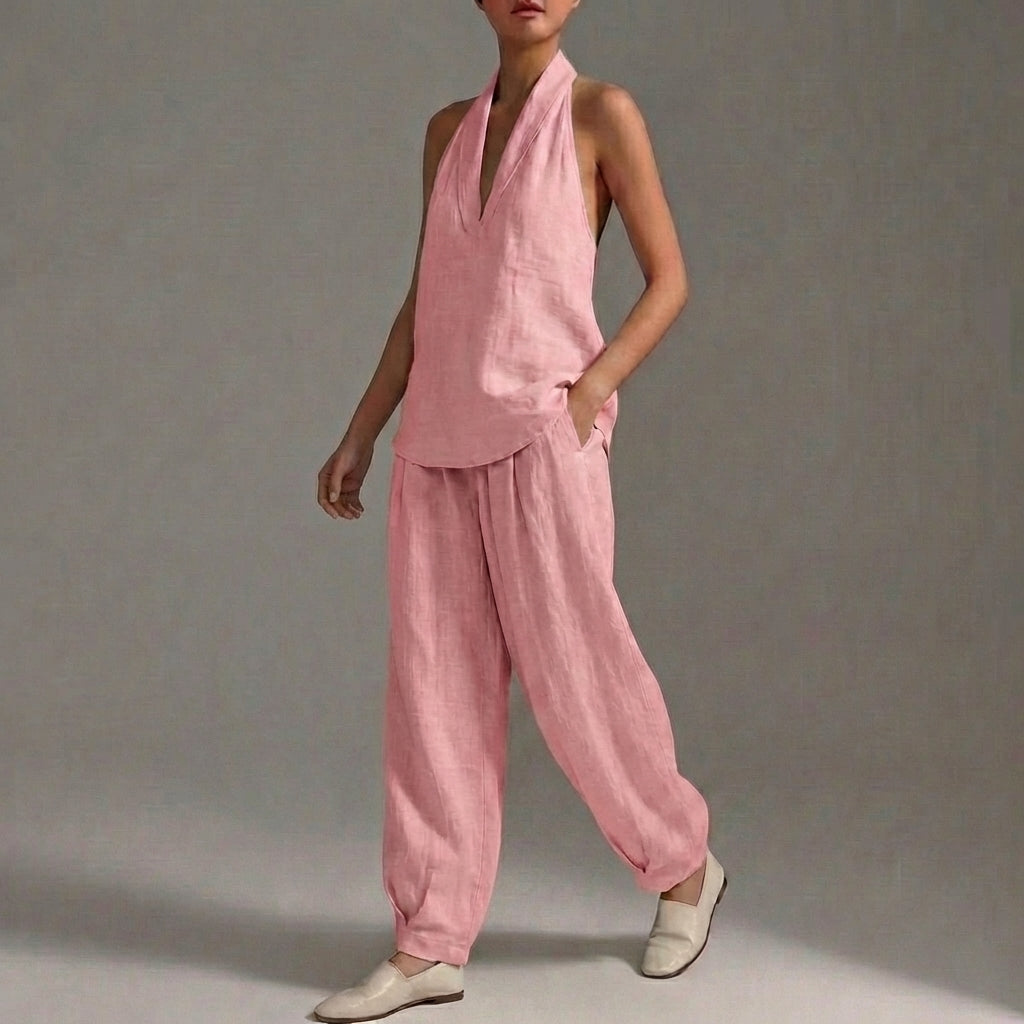 Duttini | Lightweight Two-Piece Halter V-Neck Suit With Wide-Leg Trousers