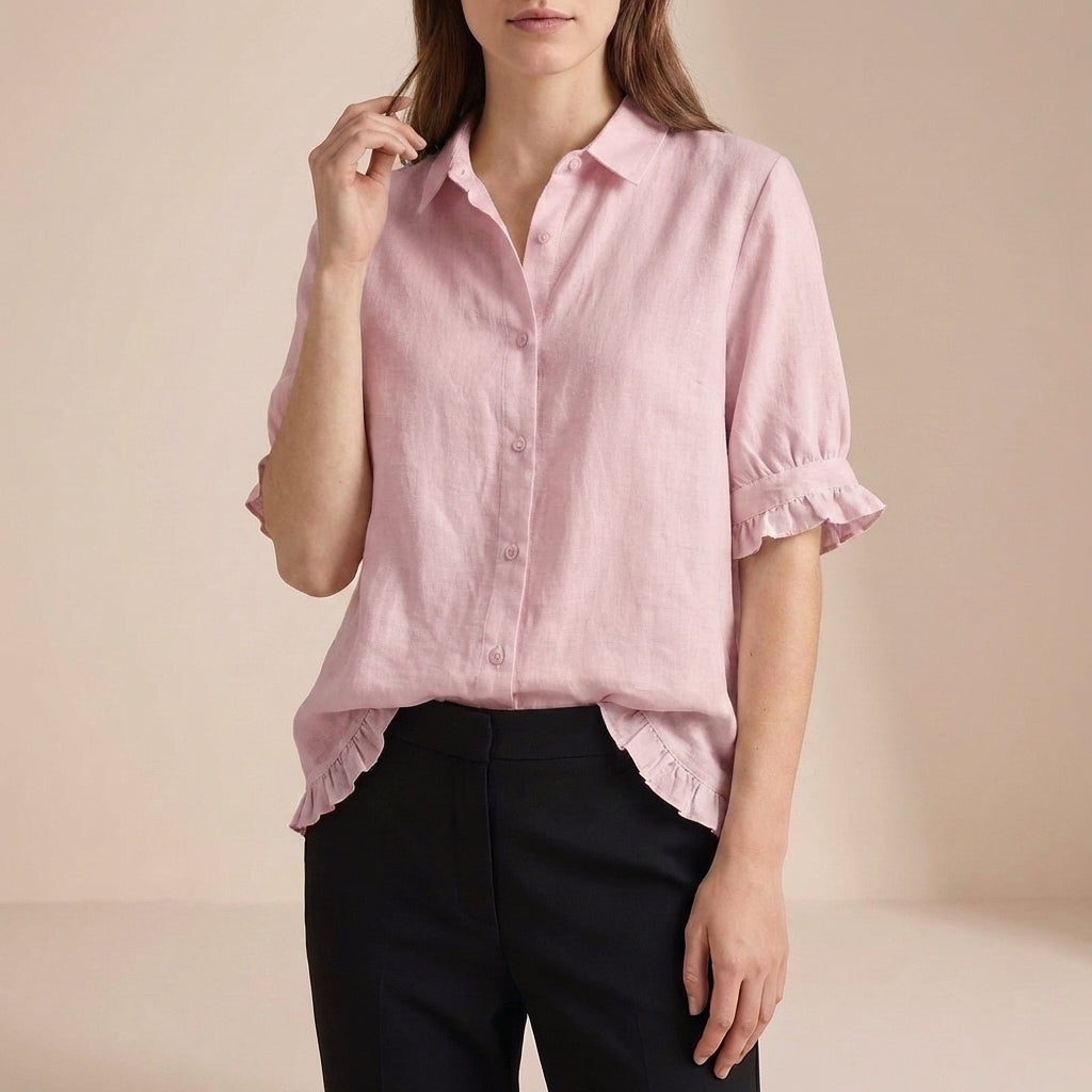 Duttini | Luxe Relaxed Boxy Button-Front Blouse With Ruffled Cuffs And Hemline