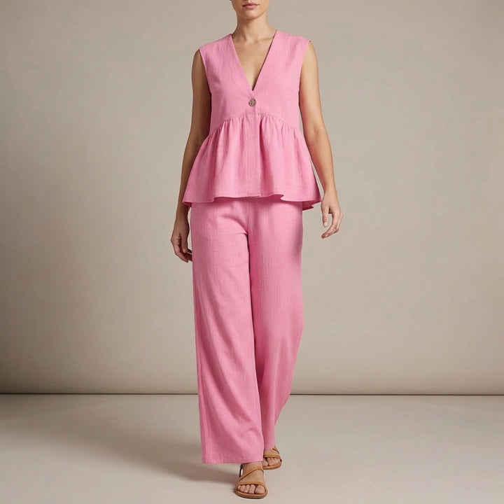 Duttini | Lightweight Textured Two-Piece Set With Peplum Top And Wide-Leg Pants