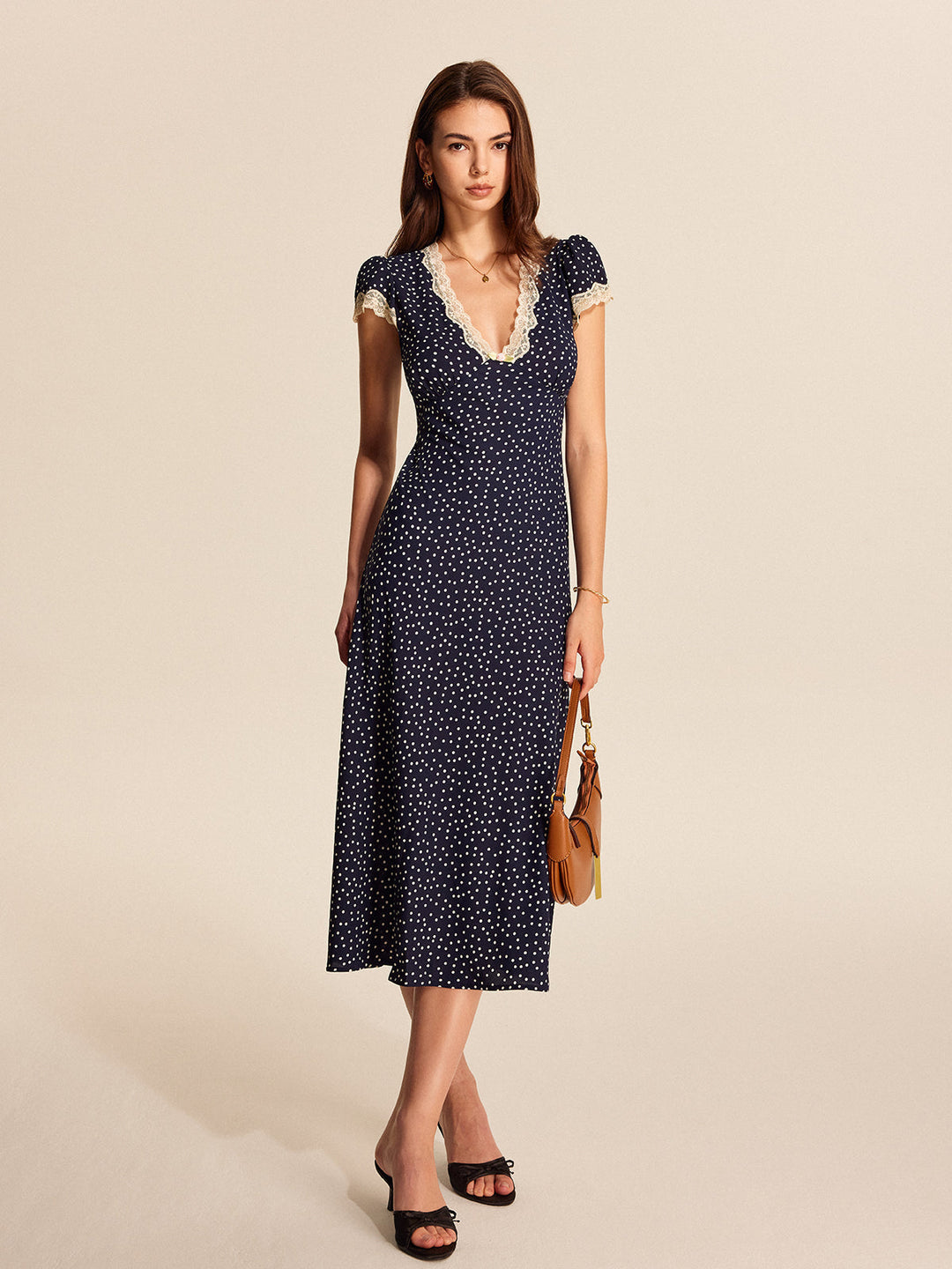 Duttini | Feminine Polka Dot Lace Trim V-Neck Cap Sleeve Midi Dress