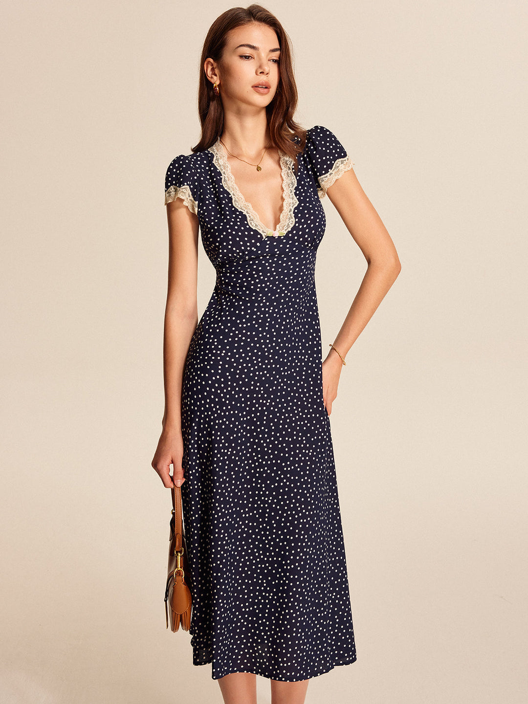 Duttini | Feminine Polka Dot Lace Trim V-Neck Cap Sleeve Midi Dress