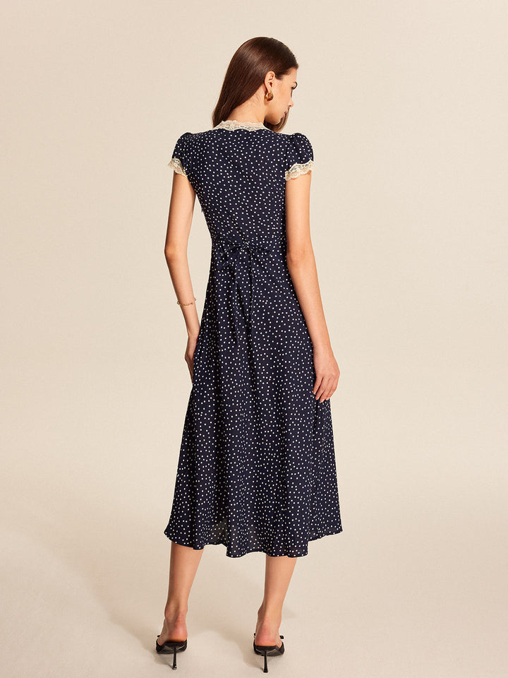 Duttini | Feminine Polka Dot Lace Trim V-Neck Cap Sleeve Midi Dress