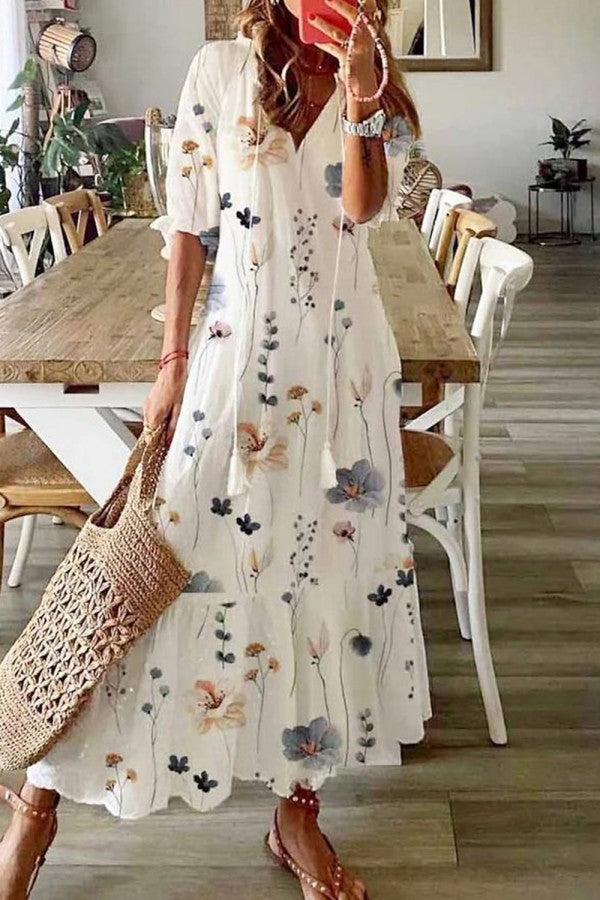 Duttini | Romantic Floral Print V-Neck Tassel Maxi Dress Boho