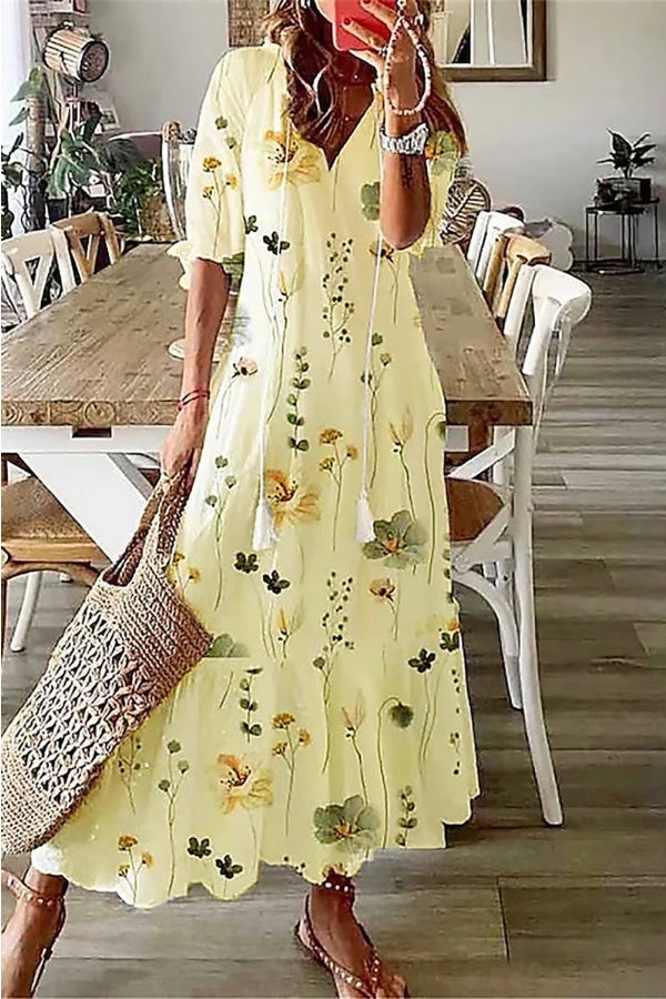 Duttini | Romantic Floral Print V-Neck Tassel Maxi Dress Boho