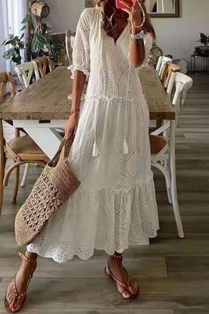 Duttini | Romantic Floral Print V-Neck Tassel Maxi Dress Boho