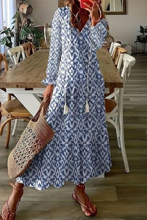 Duttini | Romantic Floral Print V-Neck Tassel Maxi Dress Boho
