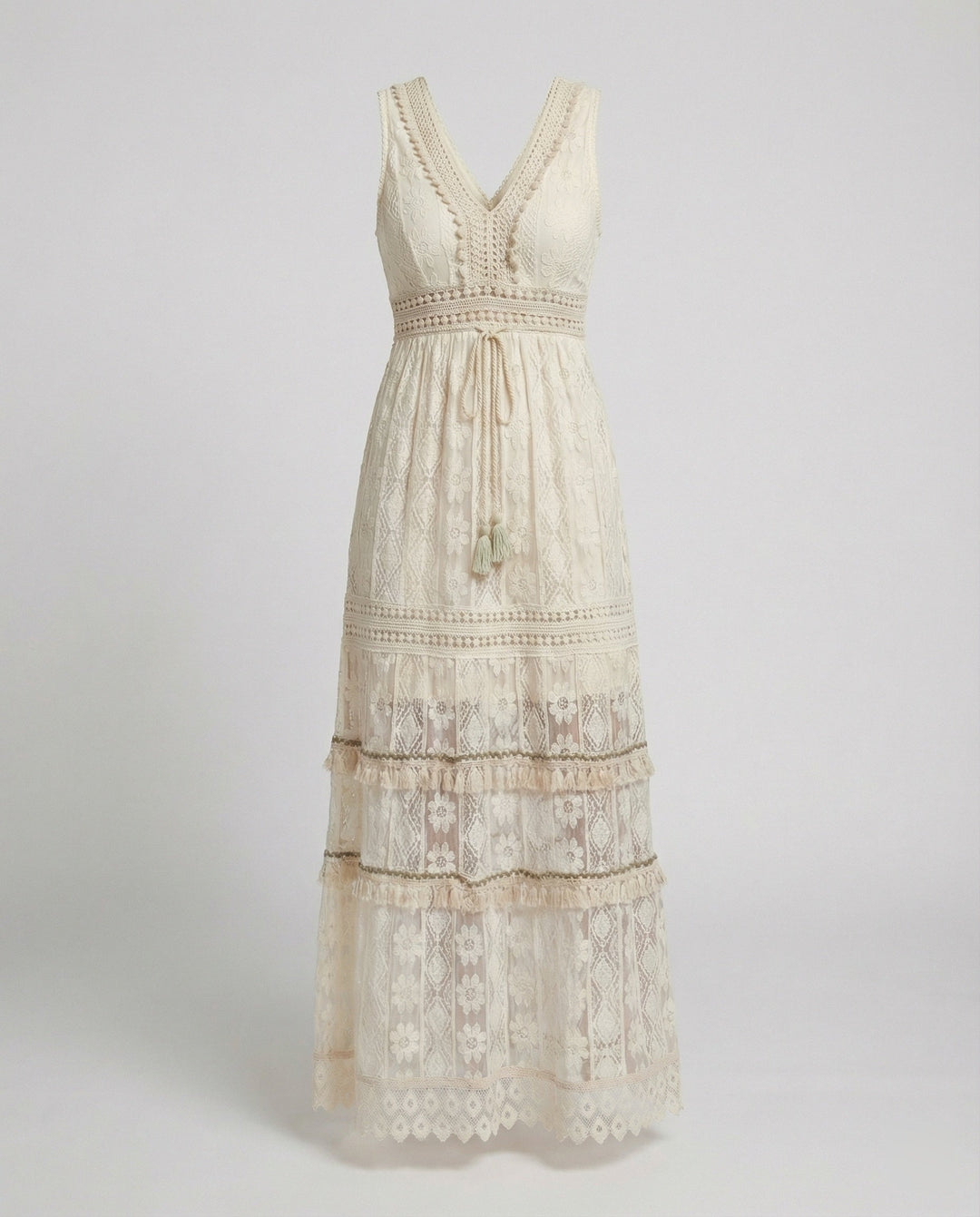 Duttini | Luxe Bohemian Lace Maxi Dress With Tiered Skirt And Tassel Waist
