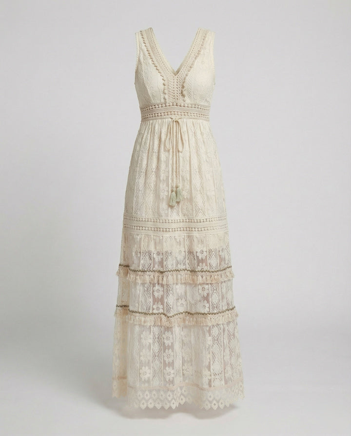 Duttini | Luxe Bohemian Lace Maxi Dress With Tiered Skirt And Tassel Waist