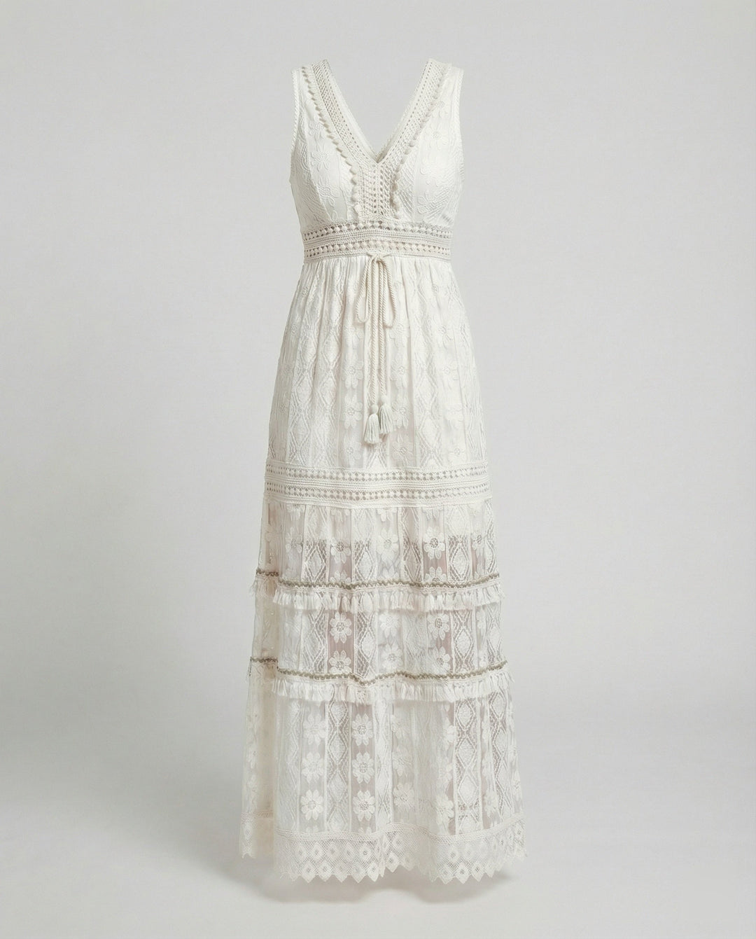 Duttini | Luxe Bohemian Lace Maxi Dress With Tiered Skirt And Tassel Waist