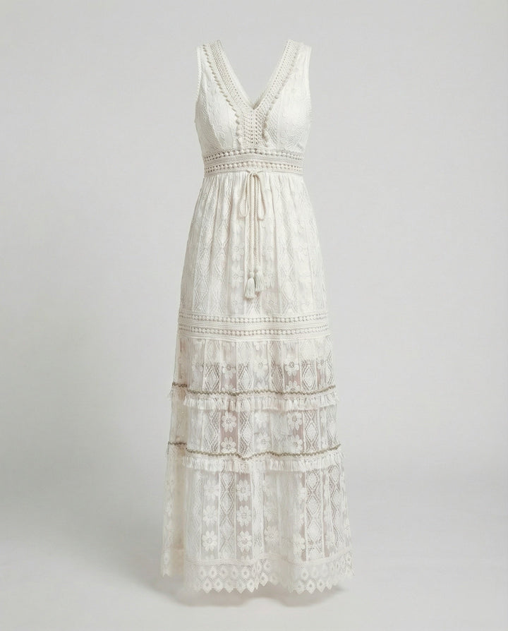 Duttini | Luxe Bohemian Lace Maxi Dress With Tiered Skirt And Tassel Waist