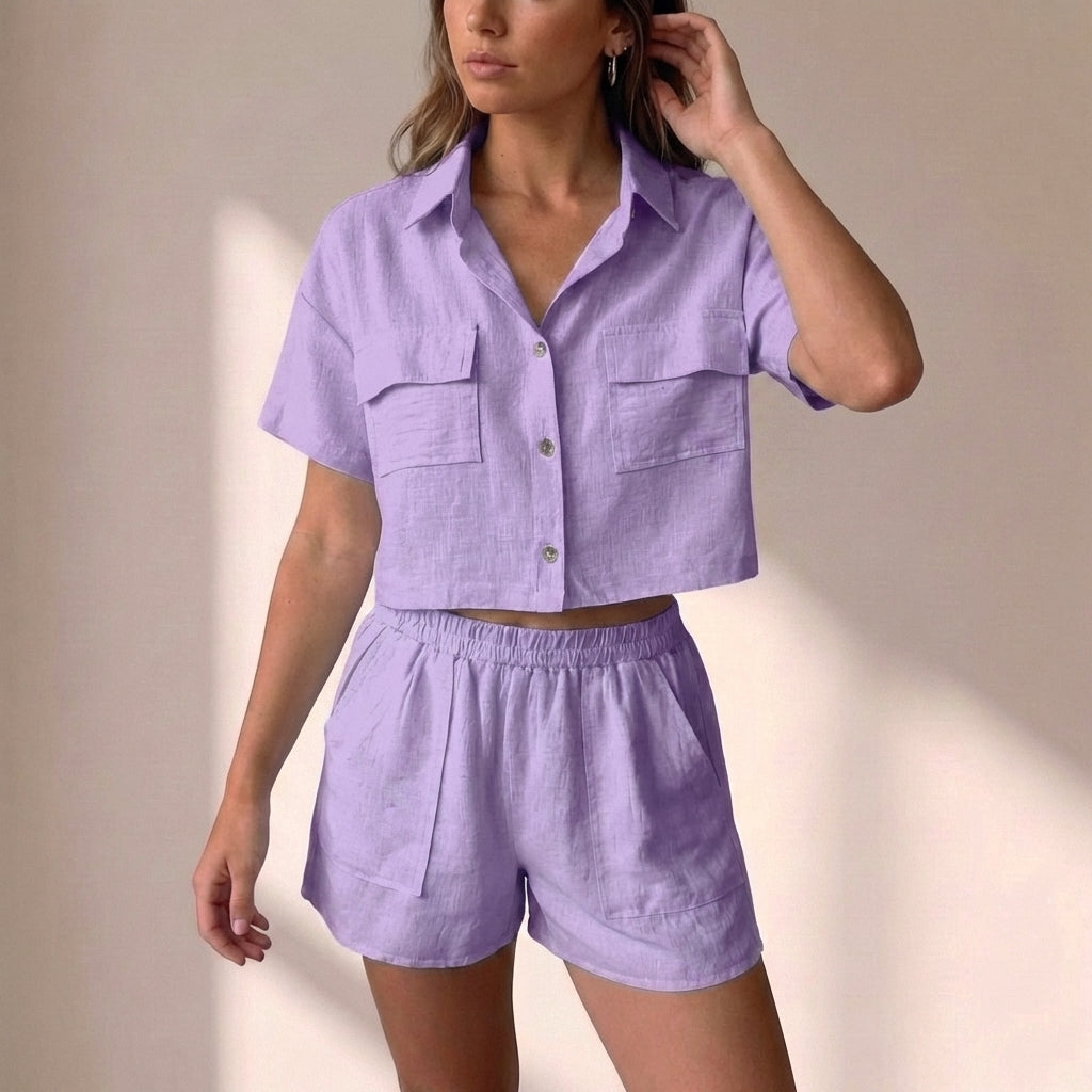Duttini | Effortless Relaxed Collared Two-Piece Shorts Set In Lightweight Textured Woven Fabric