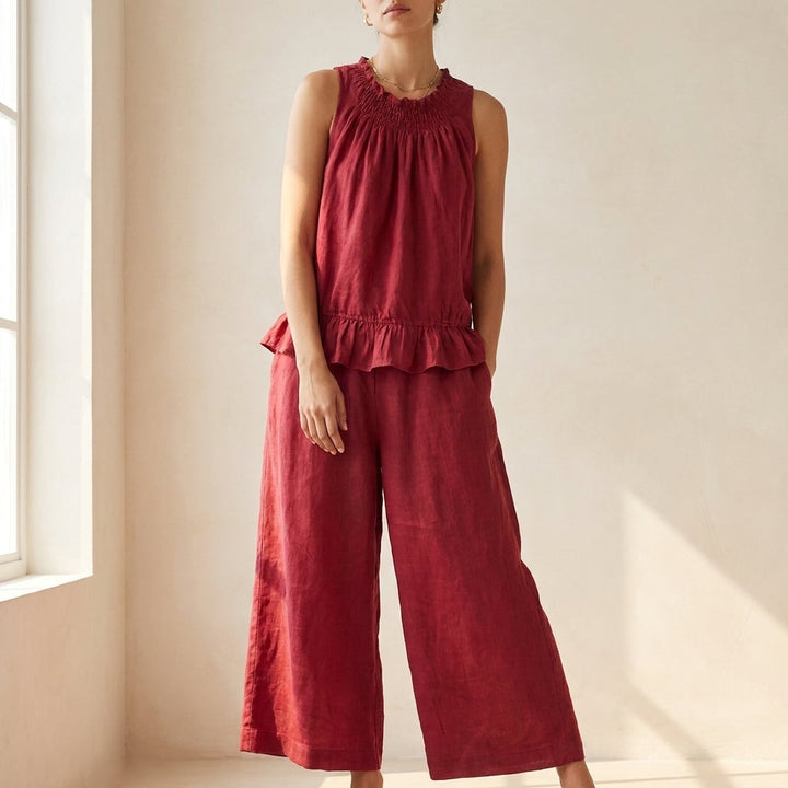 Duttini | Graceful Bohemian-Inspired Relaxed Two-Piece Set With Ruffled Neckline And Wide-Leg Trousers