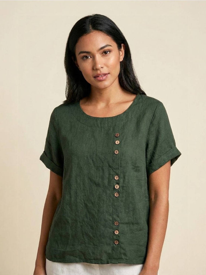Duttini | Casual Scoop Neck Button Detail Short Sleeve Top