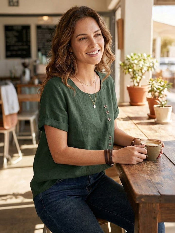 Duttini | Casual Scoop Neck Button Detail Short Sleeve Top