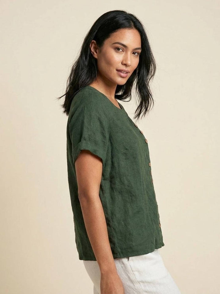 Duttini | Casual Scoop Neck Button Detail Short Sleeve Top