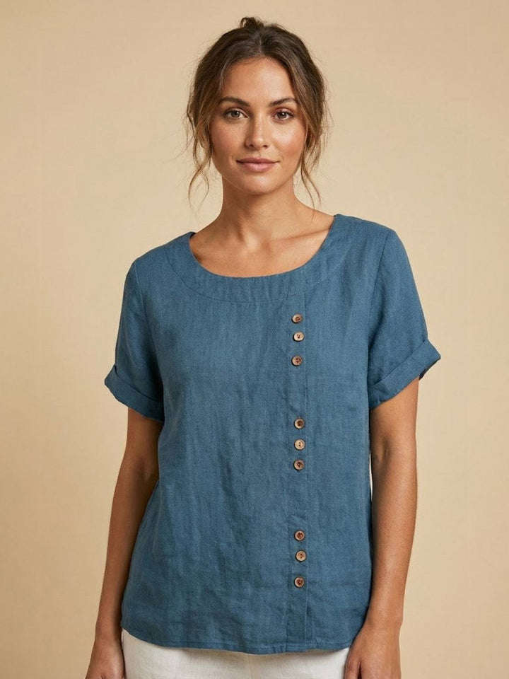 Duttini | Casual Scoop Neck Button Detail Short Sleeve Top