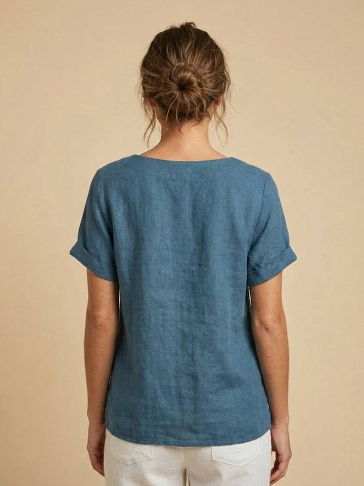 Duttini | Casual Scoop Neck Button Detail Short Sleeve Top