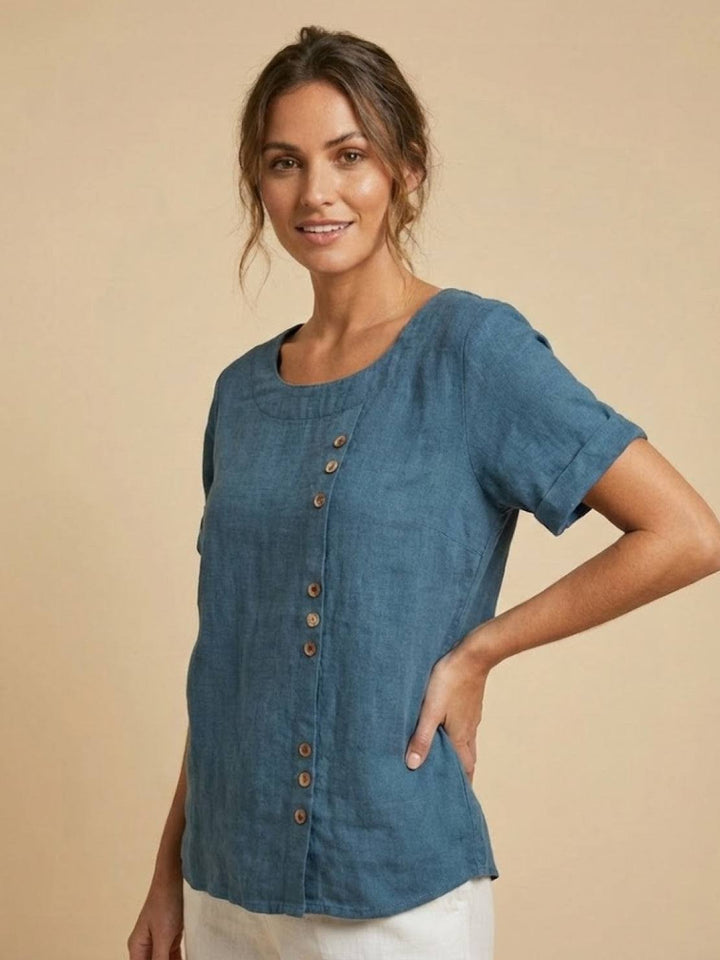 Duttini | Casual Scoop Neck Button Detail Short Sleeve Top