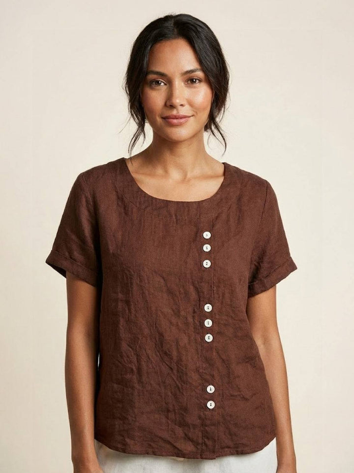 Duttini | Casual Scoop Neck Button Detail Short Sleeve Top