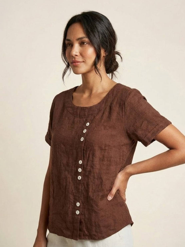 Duttini | Casual Scoop Neck Button Detail Short Sleeve Top
