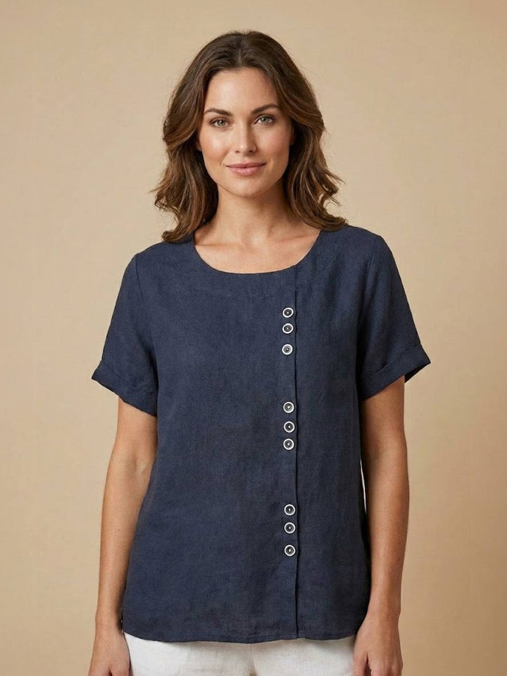 Duttini | Casual Scoop Neck Button Detail Short Sleeve Top