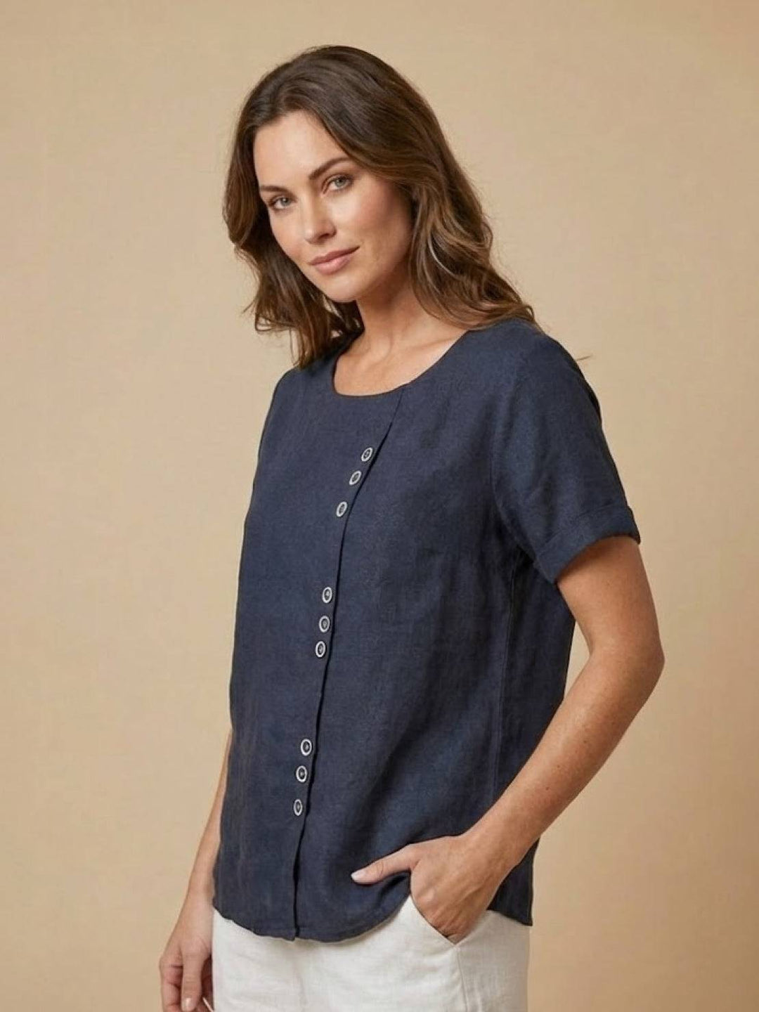Duttini | Casual Scoop Neck Button Detail Short Sleeve Top