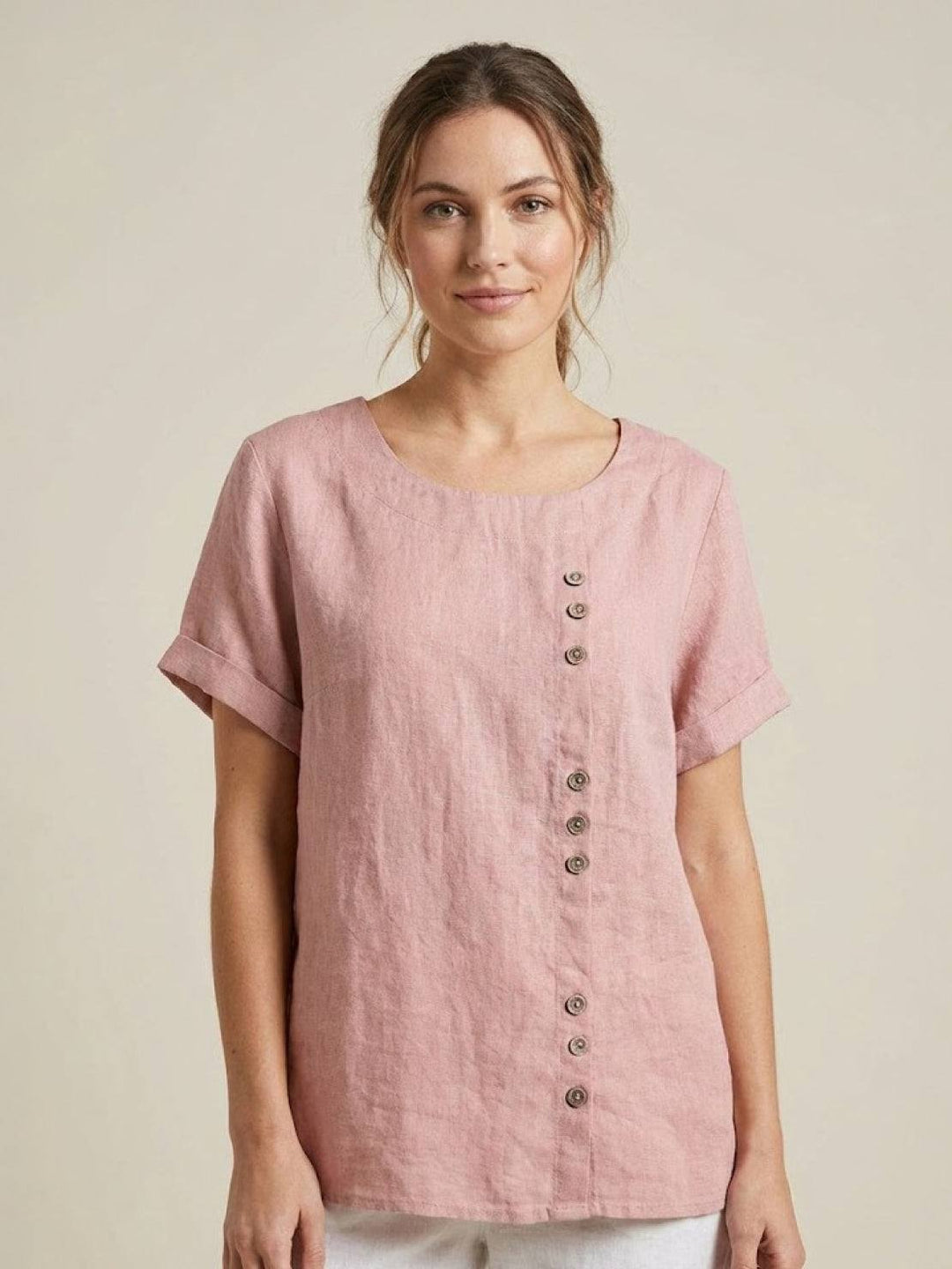 Duttini | Casual Scoop Neck Button Detail Short Sleeve Top