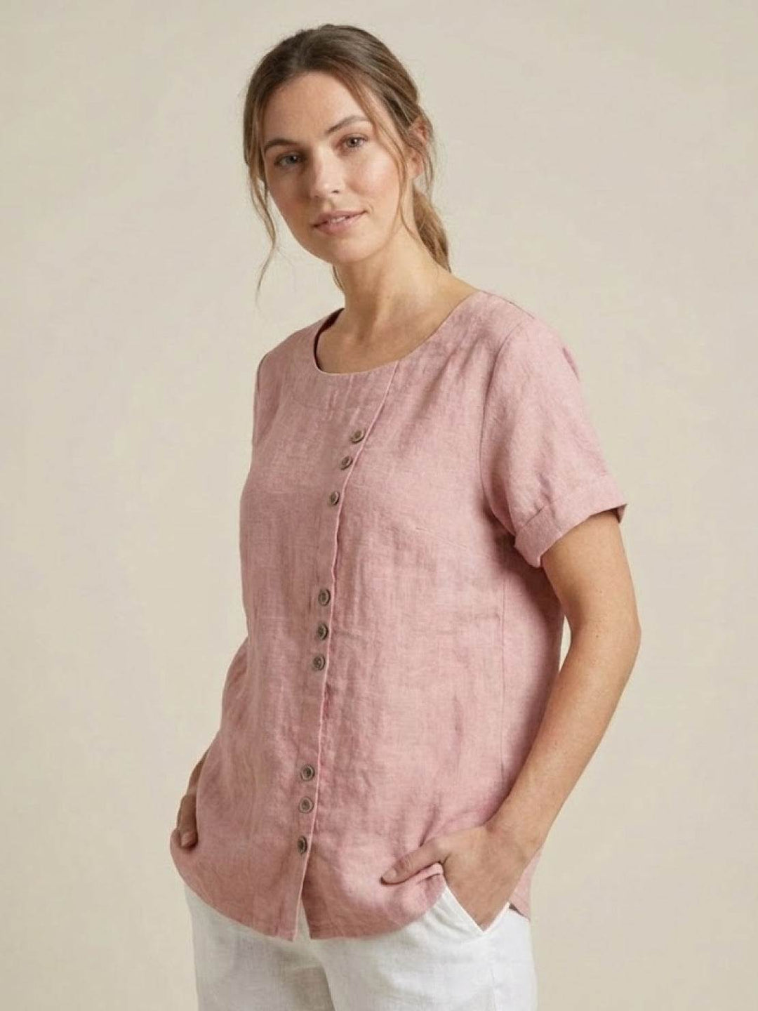 Duttini | Casual Scoop Neck Button Detail Short Sleeve Top