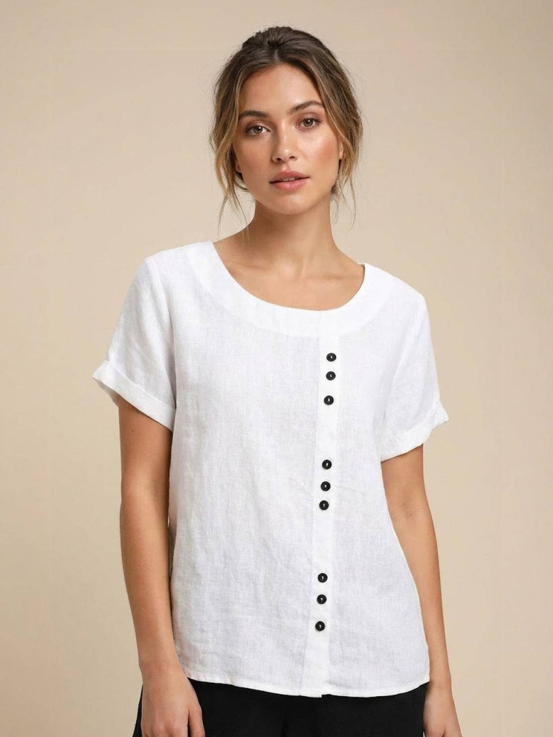 Duttini | Casual Scoop Neck Button Detail Short Sleeve Top