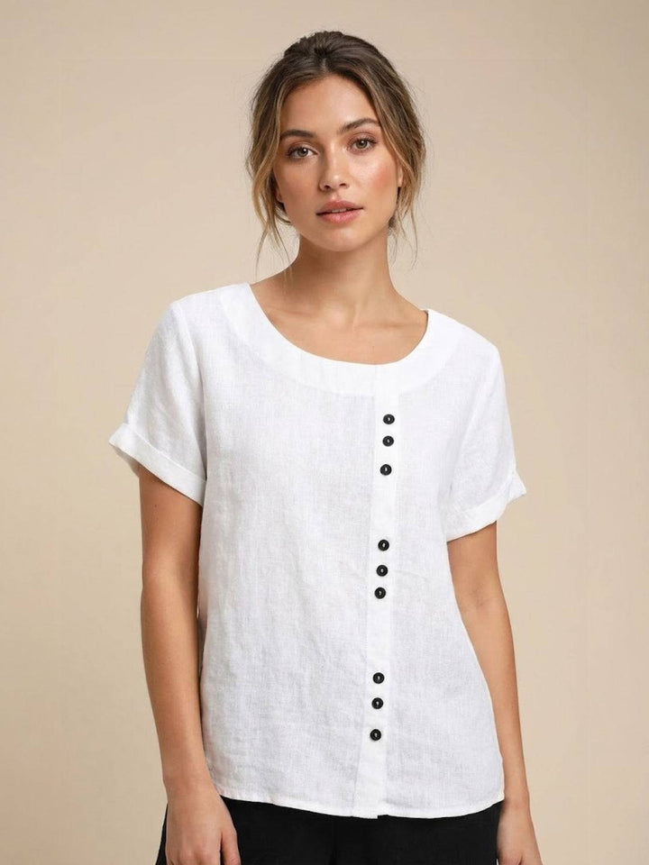 Duttini | Casual Scoop Neck Button Detail Short Sleeve Top