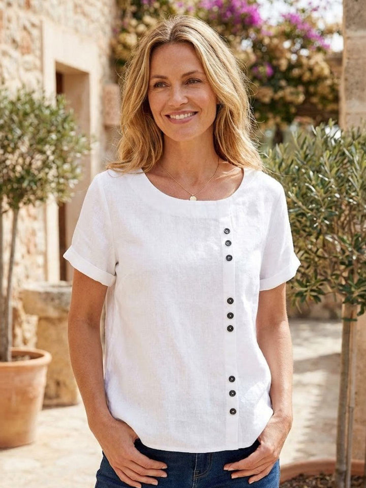 Duttini | Casual Scoop Neck Button Detail Short Sleeve Top