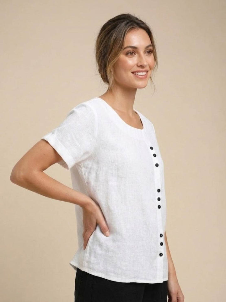 Duttini | Casual Scoop Neck Button Detail Short Sleeve Top