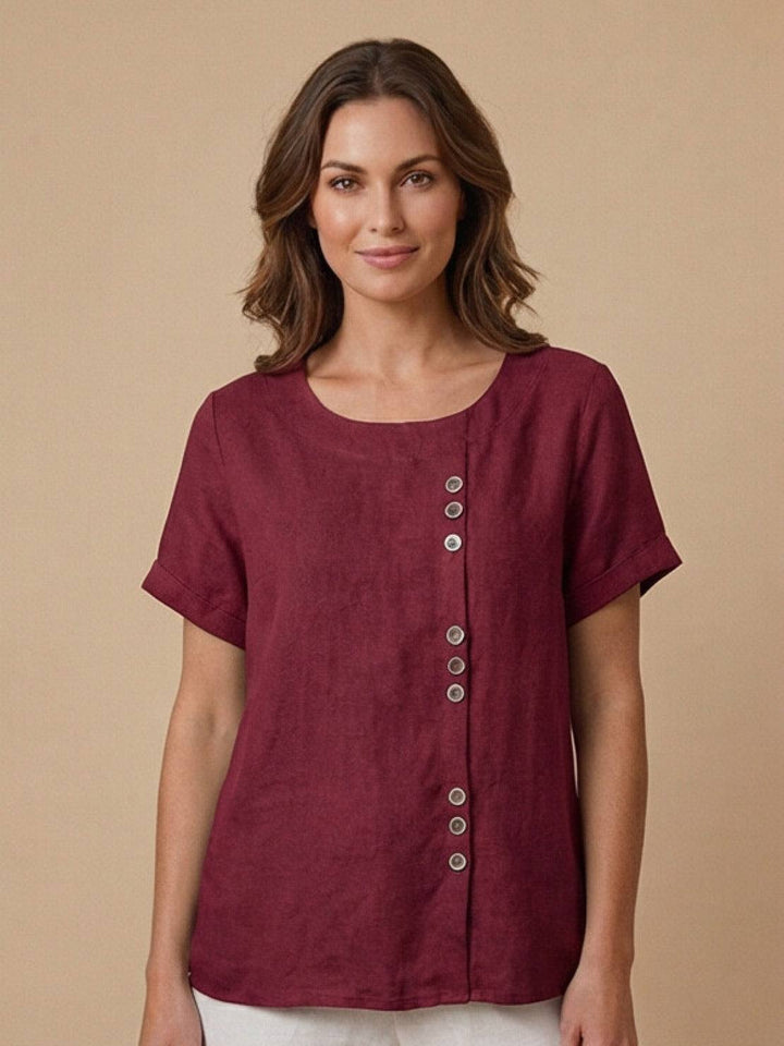 Duttini | Casual Scoop Neck Button Detail Short Sleeve Top