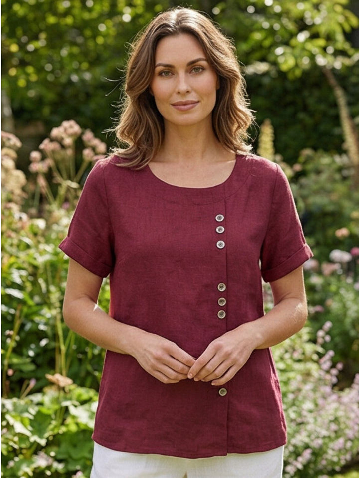 Duttini | Casual Scoop Neck Button Detail Short Sleeve Top