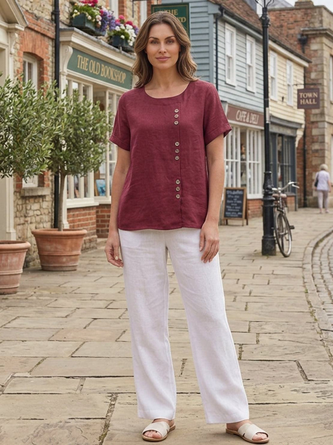 Duttini | Casual Scoop Neck Button Detail Short Sleeve Top