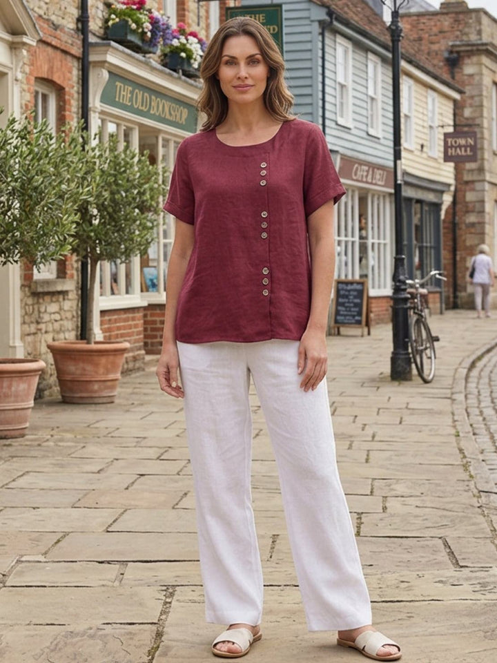 Duttini | Casual Scoop Neck Button Detail Short Sleeve Top