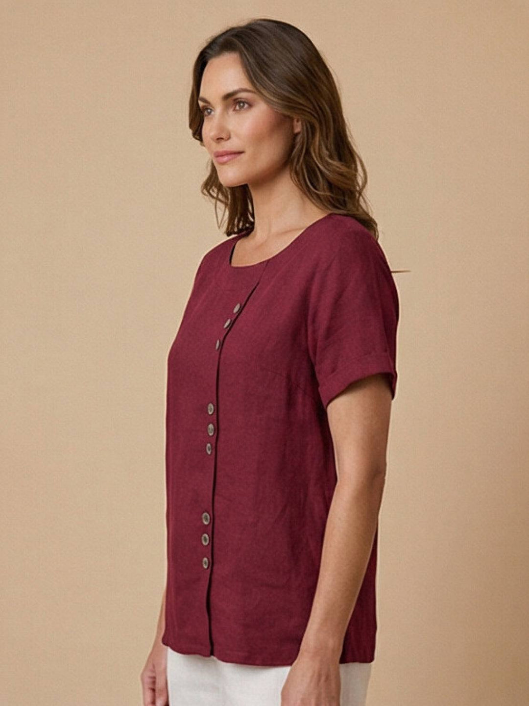 Duttini | Casual Scoop Neck Button Detail Short Sleeve Top