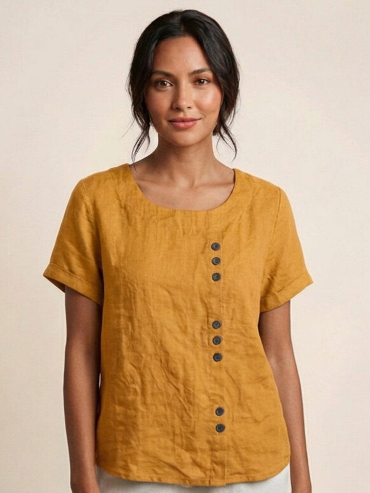 Duttini | Casual Scoop Neck Button Detail Short Sleeve Top