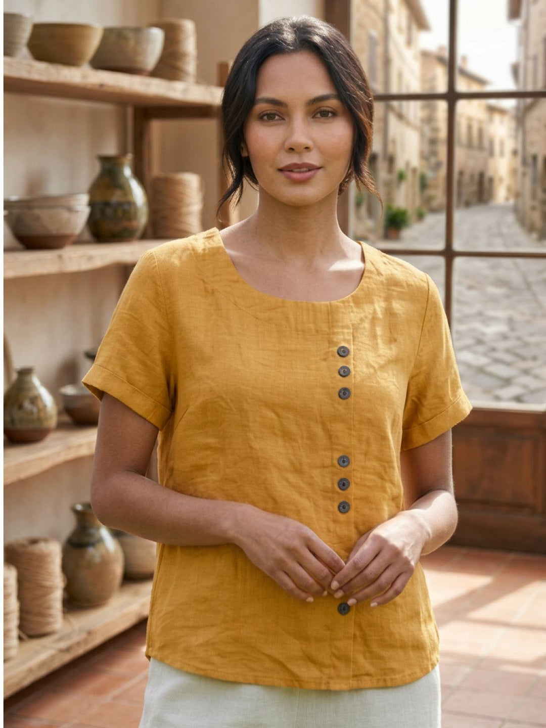 Duttini | Casual Scoop Neck Button Detail Short Sleeve Top