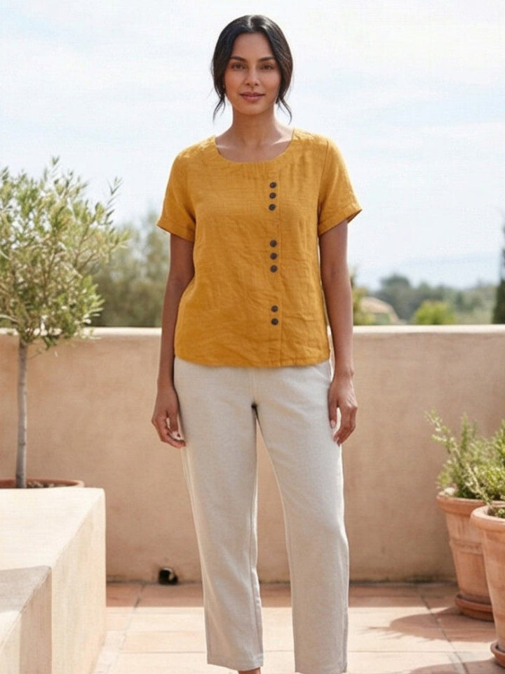 Duttini | Casual Scoop Neck Button Detail Short Sleeve Top