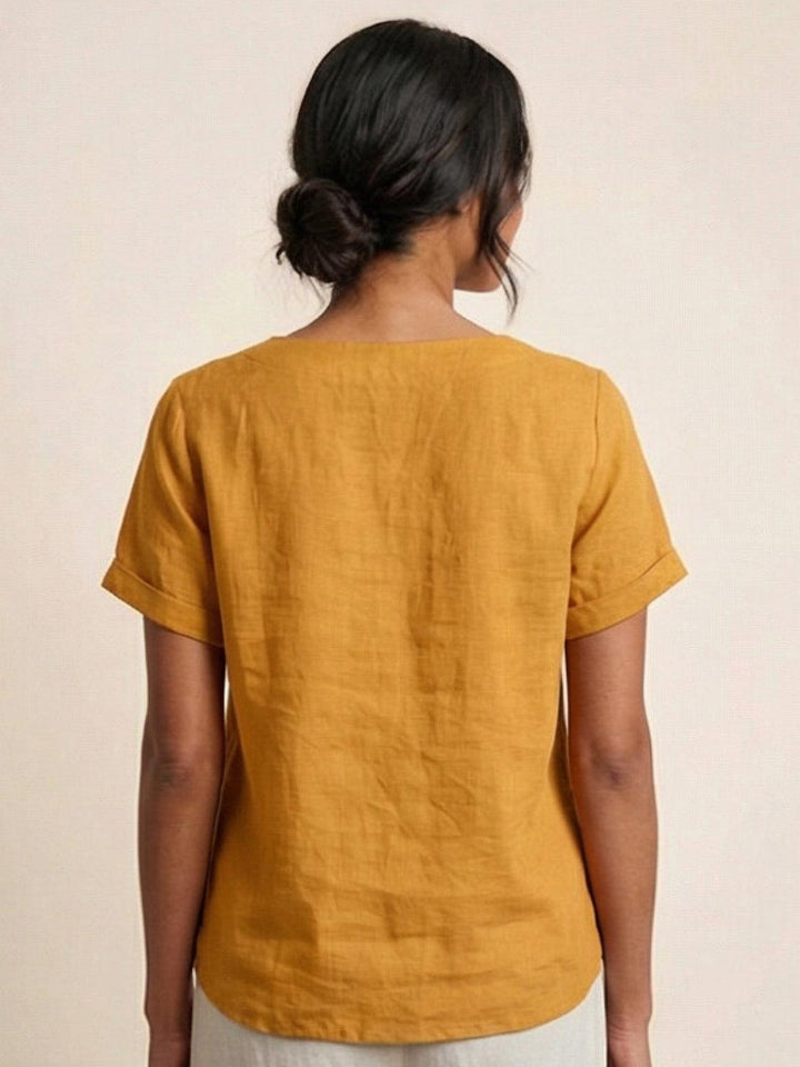Duttini | Casual Scoop Neck Button Detail Short Sleeve Top