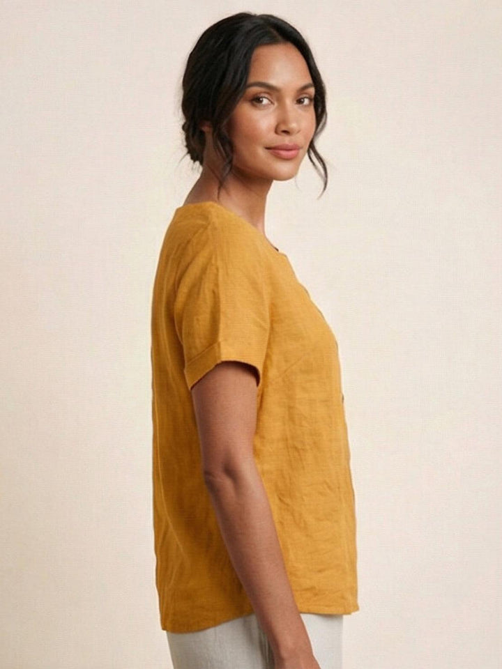 Duttini | Casual Scoop Neck Button Detail Short Sleeve Top